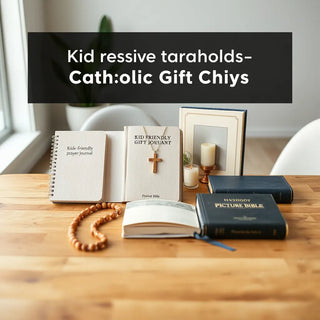 Kid-friendly Catholic gifts laid out on a wooden table, including rosary, prayer journal, and cross necklace