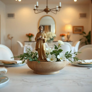 St. Christopher statue centerpiece with greenery and soft white flowers on a dining table