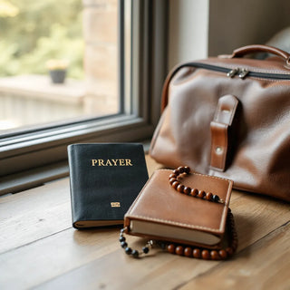 Travel prayer book and rosary resting beside passport holder near a window with a carry-on bag