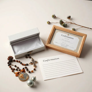 Keepsake box with confirmation medallion, rosary, and framed certificate on a tidy table