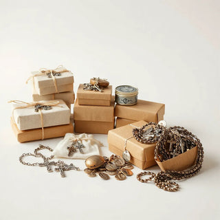 Neatly arranged bulk religious items like rosaries, cross charms, and medals for event gift sets