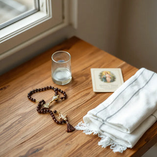 Rosary and Divine Mercy devotional items arranged on a wooden table in soft natural light