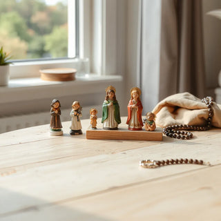 Small saint collectible figures arranged on a simple wooden display with soft natural light