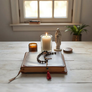 Small devotional altar with prayer book, rosary, candle, and a softly lit saint statue