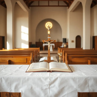 Catholic church altar with crucifix, missal book, and chalice in soft morning light