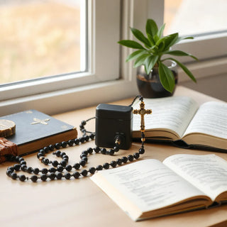 Auto rosary device with rosary beads beside an open prayer book on a clean tabletop