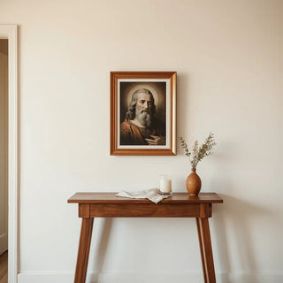Framed sacred portrait displayed above a simple side table in a warmly lit home interior