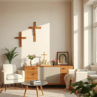 Warm living room styled with a crucifix wall cross, nativity scene, and framed religious icon
