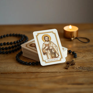 A stack of saint devotional cards beside a rosary on a warm wooden surface