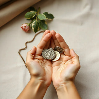 Small Miraculous medals held in hands with a simple chain and rosary cord nearby
