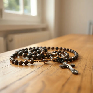 Durable rosary with sturdy crucifix and smooth beads resting on a wooden prayer bench