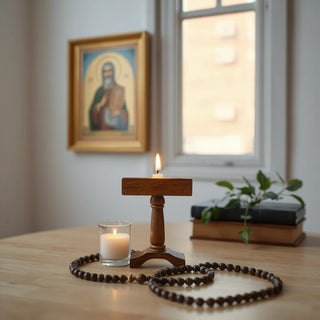 Rosary and candle on a wooden prayer stand beside a softly lit saint icon
