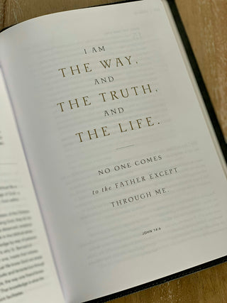 A page from a book displaying the Bible verse John 14:6 in elegant typography