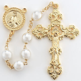 8MM Pearl Rosary with Gold Crucifx - SALE