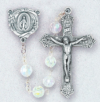 6MM Crystal Aurora Borealis Bead Rosary with Deluxe Center and Crucufix