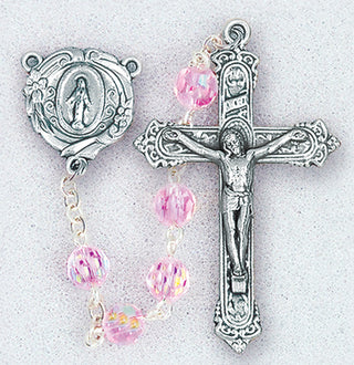 6MM Rose Crystal Aurora Borealis Bead Rosar with Deluxe Center and Crucifix