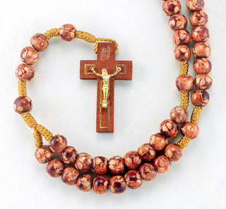 8MM Rnd Marbleized Burgundy Bea D On Cord with Wd Crucifix 10-Pack