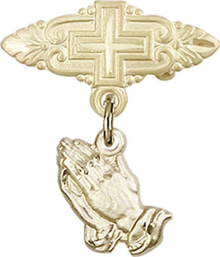 14kt Gold Filled Badge Pin With Cross Praying Hands Baby Badge