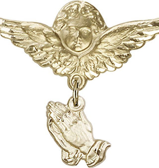 14kt Gold Filled Large Angel w/Wings Praying Hands Baby Badge