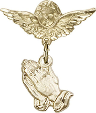 14kt Gold Small Angel w/Wings Praying Hands Baby Badge