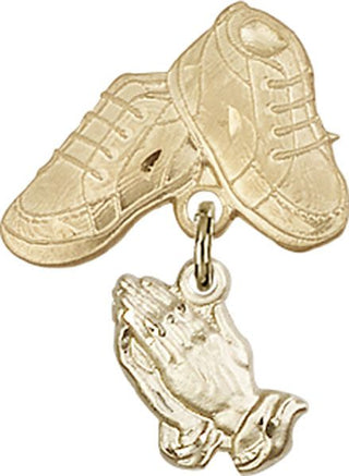 14kt Gold Baby Boots Praying Hands Baby Badge