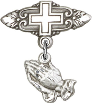 Sterling Silver Badge Pin With Cross Praying Hands Baby Badge