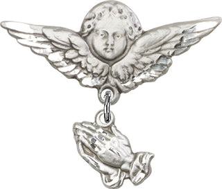 Sterling Silver Large Angel w/Wings Praying Hands Baby Badge