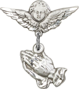 Sterling Silver Small Angel w/Wings Praying Hands Baby Badge