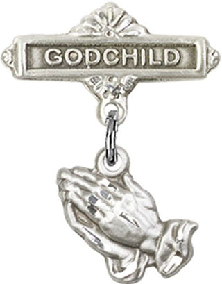Sterling Silver Godchild Praying Hands Baby Badge
