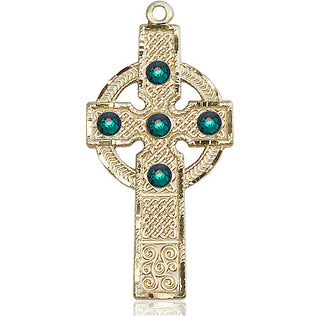 14kt Gold Kilklispeen Cross with Emerald Stone Medal with a 3mm Emerald Swarovski stone