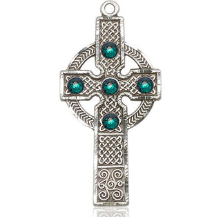 Sterling Silver Kilklispeen Cross with Emerald Stone Pendant with a 3mm Emerald Swarovski stone on an 24-inch Light Rhodium Heavy Curb Chain