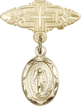14kt Gold Badge Pin With Cross Miraculous Baby Badge