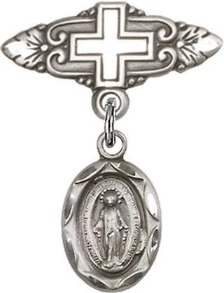 Sterling Silver Badge Pin With Cross Miraculous Baby Badge