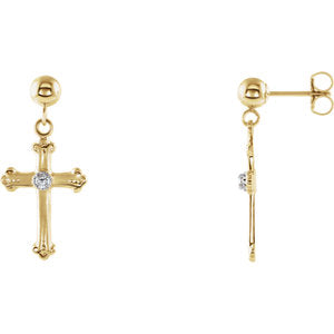 14K Gold & White Diamond Cross & Ball Earrings