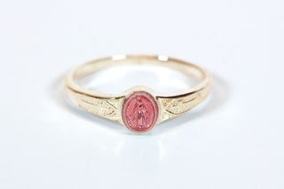 14kt Gold Miraculous Medal Ring with Pink Epoxy Accent