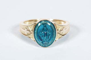 14kt Gold Miraculous Medal Ring with Blue Epoxy Accent