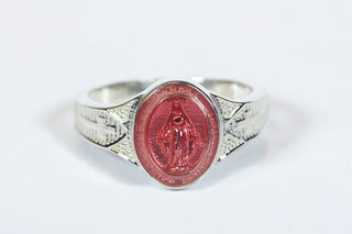 Sterling Silver Miraculous Medal Ring with Pink Epoxy Accent