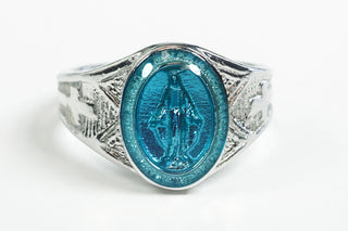 Sterling Silver Miraculous Medal Ring with Blue Epoxy Accent