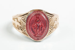 14kt Gold Miraculous Medal Ring with Pink Epoxy Accent