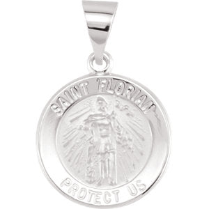 14K White 15 MM Round Hollow St. Florian Medal