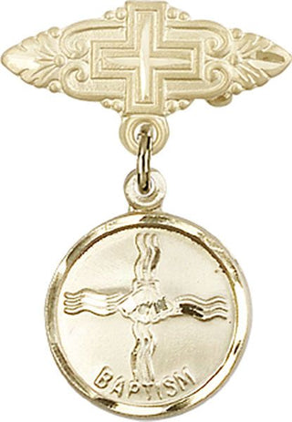 14kt Gold Badge Pin With Cross Baptism Baby Badge - Engravable