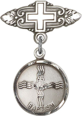 Sterling Silver Badge Pin With Cross Baptism Baby Badge - Engravable