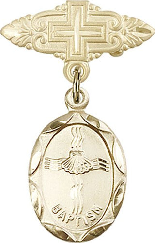 14kt Gold Badge Pin With Cross Baptism Baby Badge - Engravable