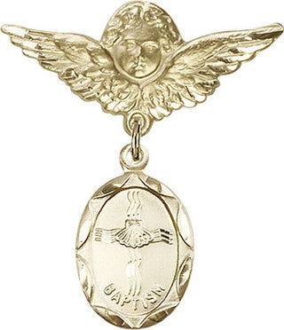 14kt Gold Large Angel w/Wings Baptism Baby Badge - Engravable
