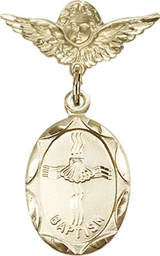 14kt Gold Small Angel w/Wings Baptism Baby Badge - Engravable