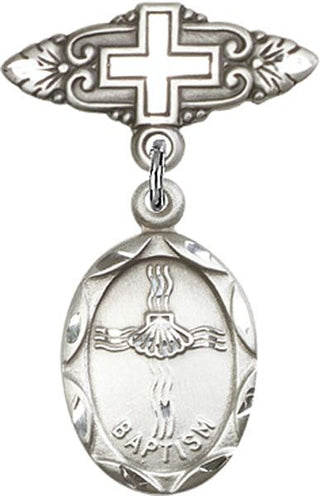 Sterling Silver Badge Pin With Cross Baptism Baby Badge - Engravable