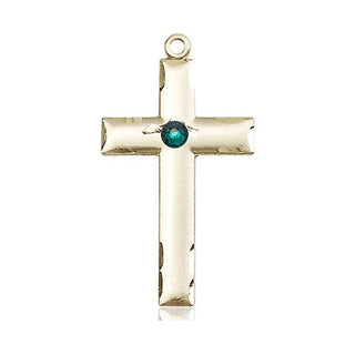 14kt Gold Filled Cross Pendant with a 3mm Emerald Swarovski stone on an 18-inch Gold Filled Light Curb Chain