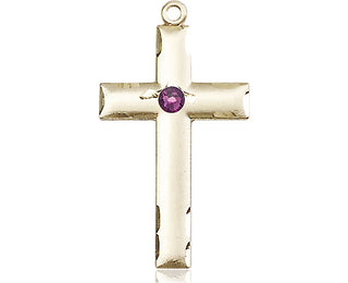 14kt Gold Cross Medal with a 3mm Amethyst Swarovski stone