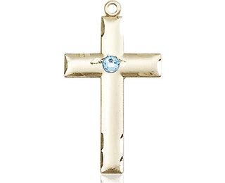 14kt Gold Cross Medal with a 3mm Aqua Swarovski stone