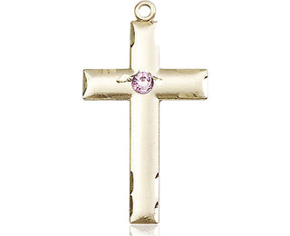 14kt Gold Cross Medal with a 3mm Light Amethyst Swarovski stone